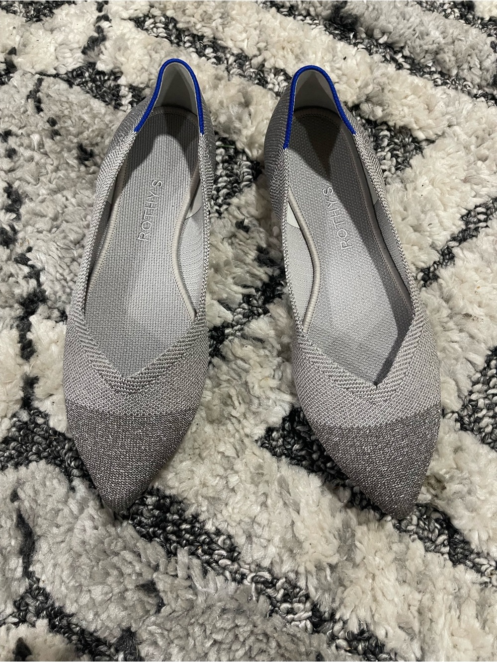 Rothy's Pointed Knit Flats in Light Gray with Blue Trim